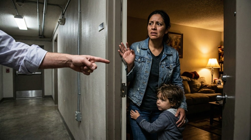 Arrendador amenazando a una inquilina en la puerta de su apartamento