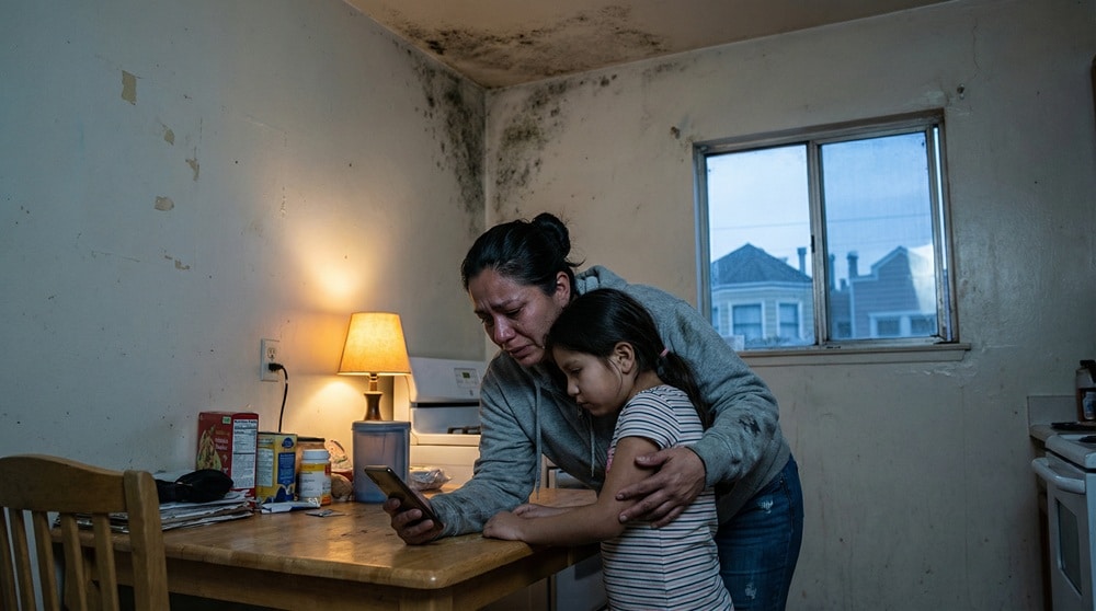 Madre preocupada con su hija en un apartamento con moho