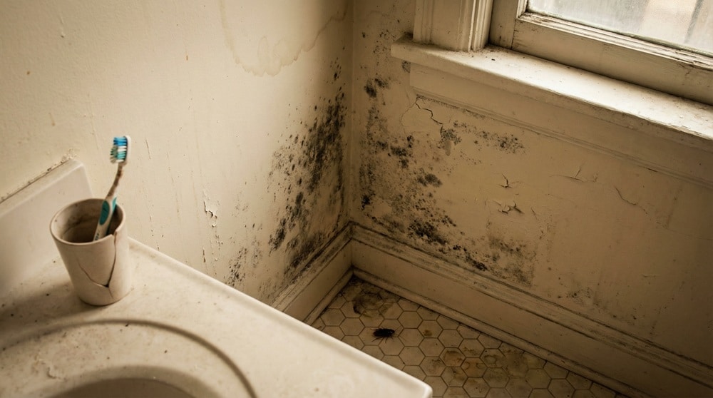Moho negro y plagas en un baño de apartamento