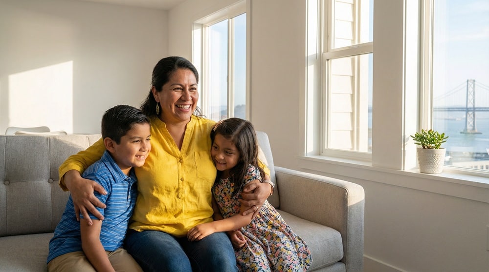 Familia hispana feliz en un apartamento limpio y seguro